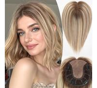 HAIRCUBE Cubrecabello 100 % humano para mujer, 7 x 7 pulgadas, gran cobertura, rubio degradado, mezcla de marrón, sin flequillo, para mujeres, con cobertura de pelo delgado, raíces grises