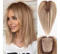 HAIRCUBE Cubrecabello humano para mujer, cabello humano real con flequillo, 10 x 14 cm, base de 30 cm, color marrón con reflejos rubios, para mujer, con cobertura de cabello fino y raíces grises