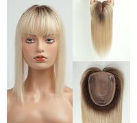 HAIRCUBE Peluca femenina peluca superior 100% con flequillo en el pelo humano, 150% de densidad base de seda clip ligero pérdida de cabello/cabello delgado / 14in 40 g (Marrón oscuro y oro claro)