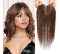 HAIRCUBE Peluca femenina Remy peluca humana con flequillo,peluca femenina alopecia,pelo gris,4.5in * 5in 14 pulgadas Atadura de manos (Miel marrón)