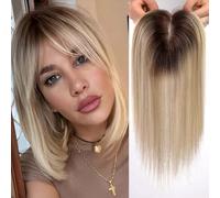 HAIRCUBE Peluca femenina Remy peluca humana con flequillo,peluca femenina alopecia,pelo gris,4.5in * 5in 14 pulgadas Atadura de manos (Sombra dorada y luz baja)