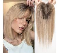 HAIRCUBE Peluca femenina Remy peluca humana con flequillo,peluca femenina alopecia,pelo gris,4.5in * 5in 14 pulgadas Atadura de manos (Sombra gris y rubio)