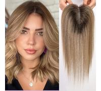 HAIRCUBE Peluca femenina Remy peluca humana, peluca femenina alopecia, pelo gris, 4.5in * 5in 14 pulgadas Atadura de manos (Sombra gris y rubio)