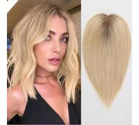 HAIRCUBE Peluca femenina Remy peluca humana, peluca femenina alopecia, pelo gris, 4.5in * 5in 14 pulgadas Atadura de manos (Sombra dorada clara)