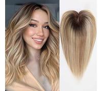 HAIRCUBE Peluca femenina Remy peluca humana, peluca femenina alopecia, pelo gris, 4.5in * 5in 14 pulgadas Atadura de manos (Sombra dorada y luz baja)