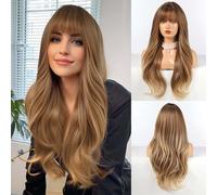 HAIRCUBE Peluca Long Ombre Brown con Bangs Pelucas rizadas en capas para mujeres Pelucas sintéticas naturales para uso diario (pelucas de cabello natural)