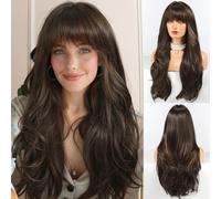 HAIRCUBE Peluca Marrón Larga con Bangs Pelucas rizadas en capas para mujeres Pelucas sintéticas naturales para uso diario (pelucas de cabello natural)