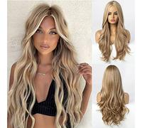 HAIRCUBE Peluca rubia larga y rizada Pelucas de partición media Pelucas sintéticas naturales Pelucas de pelo de fibra resistente al calor para mujeres