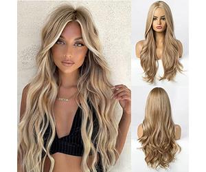 HAIRCUBE Peluca rubia larga y rizada Pelucas de partición media Pelucas sintéticas naturales Pelucas de pelo de fibra resistente al calor para mujeres