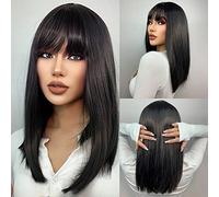 HAIRCUBE Pelucas cortas rectas naturales con flequillo para cabello Peluca negra Peluca sintética de hombro para mujer
