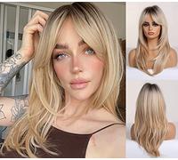 HAIRCUBE Pelucas de mujer rubias largas y rizadas Pelucas sintéticas hasta los hombros para mujeres con flequillo Pelucas de cabello rubio claro de raíz negra para mujeres blancas