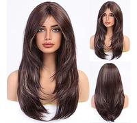 HAIRCUBE Pelucas marrones para mujer, pelucas largas en capas marrones con reflejos rubios con flequillo, pelucas de fibra sintética resistentes al calor