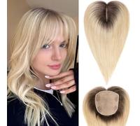 HAIRCUBE Tapa de Cabello 5"*5.5" Base para Mujeres, 14 Pulgadas rubio claro ombré, Tapa de Cabello 100% Cabello Humano Real con Flequillo para Mujeres con Cabello Ralo