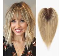 HAIRCUBE Tope de pelo para mujeres con cabello fino ombre rubio con poca luz 100% real pelo humano topper para mujeres con flequillo topper de cabello humano con base de encaje suizo atado a mano 14