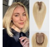 HAIRCUBE Topper capilar de cabello humano real de 10 x 14 cm para mujer, 30,5 cm, rubio claro ombré, sin flequillo, topper capilar para mujeres con cabello fino o para cubrir raíces grises