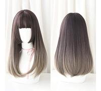 Hairpieces Japanese Lolita Long Straight Lace Front Wigs with Air Bangs 2 ToneColor Mixed Heat Resistant Synthetic Fiber Hair for Cosplay 20inches WigsD AWigs