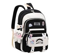 HAISENG Mochila escolar de moda para laptop, mochila para estudiantes, adolescentes, niñas, mochila de viaje con pines y bolsa colgante, Negro, L