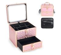 HAISKY Estuche de maquillaje con cajón, estuche de viaje con espejo LED magnético, organizador de cosméticos con divisor ajustable, rosa brillante