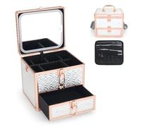 HAISKY Estuche de maquillaje con cajón, estuche de viaje con espejo LED magnético, organizador de cosméticos con divisor ajustable, color blanco brillante