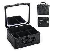 HAISKY Estuche de maquillaje, estuche de viaje con espejo LED magnético, organizador de cosméticos impermeable con divisor ajustable, 3 modos de color, negro brillante