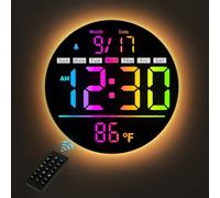 HAITANG Reloj de Pared Digital Grande 8'' con Cambio Color RGB y Mando, Brillo Auto, Temperatura, Luz Nocturna, Alarma Modo Semana/Fin de Semana para Hogar/Dormitorio/Oficina-Negro