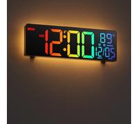 HAITANG Reloj de Pared Digital Grande Negro de 10.5 Pulgadas para Sala de Estar, Mando a Distancia, Alarma Dual, 8 Colores RGB Pantalla LED Grande, Brillo automático, Fecha, Hora de Verano automática