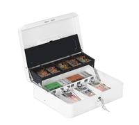 HAITRAL Caja Dinero con Llave, Caja de Seguridad de Metal, Caja de efectivo bloqueable, con 5 Compartimentos Monedas y 4 Compartimentos Billetes, Caja fuerte portatil, 30 x 24 x 9 cm, Blanco