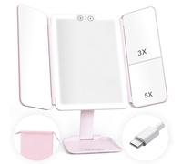 Hajer Espejo Maquillaje Luminoso LED + Bolsa de Transporte, Aumento de 1X/3X/5X, 3 modos de iluminación, táctil y recargable USB-C con batería de litio. Espejo de viaje. (Rosa)