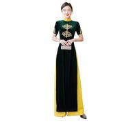 HAJHI Conjunto de 2 Piezas de Mediana Edad Vestido Vietnamita Ao Dai Primavera Terciopelo Pasarela Escenario Actuaciones Qipao Bordados Hendidura Delgado Vestido Chino Mujer(Verde,L)