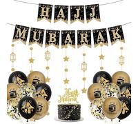 Hajj Mubarak - Set de decoración (M), color negro y dorado, guirnalda de banderines (pancartas + globos + guirnaldas + adornos para tartas), decoración de fiesta islámica para el hogar (Hajj M)