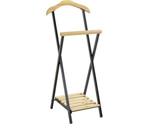 HAKU galán de noche para dormitorio, perchero mudo con estante para zapatos, metal negro y madera maciza natural - Medidas: Ancho 45 x Alto 110 x Profundidad 45 cm, Estilo: Tradicional