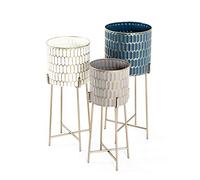 HAKU Juego de 3 pilares de flores crema, oro, petróleo, topo, metal, metal - Dim.: AL 59/64/70 cm x diámetro 22/26/29 cm, Estilo: Art Déco