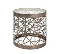 HAKU Mesa Auxiliar Redonda de Metal Color Bronce con Cristal de Seguridad de 8 mm - Dimensiones: 50 cm de Altura x 50 cm de diámetro - Estilo: Art Déco