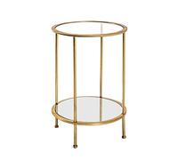 HAKU Mesa Auxiliar Redonda de Metal Dorado con Cristal de Seguridad de 5 mm y Espejo de 4 mm - Dimensiones: 55 cm de Alto x 38 cm de diámetro Estilo: Art Déco