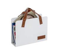 HAKU Revistero portátil de metal blanco con asas de cuero sintético marrón - Dimensiones: An 35 x Al 38 x Pr 10 cm, Estilo: Moderno