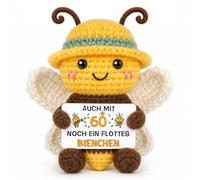 Hakumata Pocket Hug Positive Bee - Figura de abeja para 60 cumpleaños, diseño de abeja de ganchillo con tarjeta de la suerte, regalo antiestrés para novia, colega, aprox. 7 x 5 x 10 cm