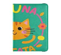 Hakuna Matata - Soporte decorativo para pasaporte de piel de gato marrón con dibujos animados para viaje, cartera combinada, funda para pasaporte impermeable, Hakuna Matata - Lindo gato marrón de