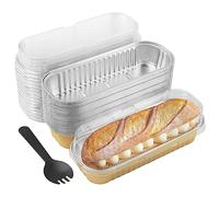 HAKZEON Juego de 60 mini moldes de papel de aluminio con tapas, accesorios de 6.8 onzas, 200 ml, recipientes rectangulares de aluminio para hornear pan de brownie, dorado