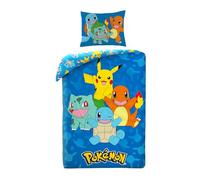 Halantex Juego de cama Pokemon con Pikachu, Salamèche, Carapuce y Bulbizarre, funda nórdica de 140 x 200 cm + funda de almohada, azul, POK579