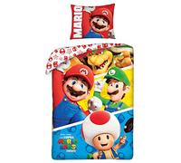 Halantex Juego de cama Super Mario Bros The Movie - 4 personajes Mario Luigi Toad Bowser - Funda nórdica de 140 x 200 cm con funda de almohada de 70 x 90 cm - 100% algodón multicolor (SMM003)