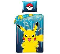 Halantex - Juego de Ropa de Cama con diseño de Pokemon Picachu, Color Amarillo y Azul, 2 Piezas 140 x 200 cm + 1 Funda de Almohada. 100% algodón Oeko-Tex