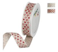 Halbach Cinta de lino estampada con corazones con borde de alambre, ancho 25 mm, longitud 15 m, cinta decorativa para el día de la madre, confirmación o comunión, color natural/rojo