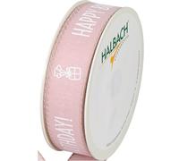 Halbach Cinta de seda "Happy Birthday" | Ancho 25 mm Longitud 18 m | Cinta de regalo de cumpleaños | Cinta para decoración de cumpleaños | Color: rosa pálido y blanco