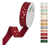 Halbach Seidenbänder Cinta de Navidad de 25 mm x 18 m, cinta de regalo de Navidad para envolver regalos, cinta con estrellas impresas en oro y bordes de lurex, color rojo oscuro