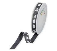 Halbach Seidenbänder Cinta de regalo con diseño de árboles y casas, 15 mm de ancho, 20 m de longitud, ideal para envolver regalos de Navidad, color: lino y blanco