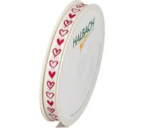 Halbach Seidenbänder Cinta de regalo "Corazones" | Ancho 10 mm Longitud 20 m | Cinta de impresión con diseño de corazón | Cinta perfecta para bodas o San Valentín | Color: crema/rojo