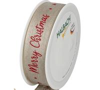 Halbach Seidenbänder Cinta de regalo de Navidad de lino, 25 mm de ancho, 15 m de largo, con alambre para regalos y árbol de Navidad, fabricado en Alemania, color: natural/rojo