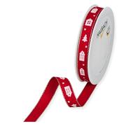 Halbach Seidenbänder Cinta de regalo de Navidad, diseño de árboles y casas, ancho de 15 mm, longitud de 20 m, ideal para el elegante embalaje de regalos para Navidad, color: rojo/blanco