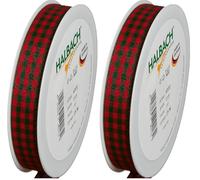 Halbach Seidenbänder Vichy - Cinta de regalo a cuadros (15 mm de ancho, 25 m de largo, fabricada en Alemania), color rojo y verde oscuro (Paquete de 2)