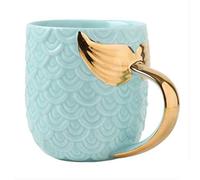 HalcyonFit Creativo 400 ML de cerámica de dibujos animados de oro mango de cola de sirena taza de café linda taza de té con leche Drinkware Artesanía de regalo (Blue)